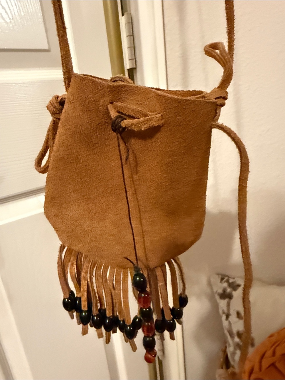 Tan Suede Fringe Crossbody Bag with Bead Accent